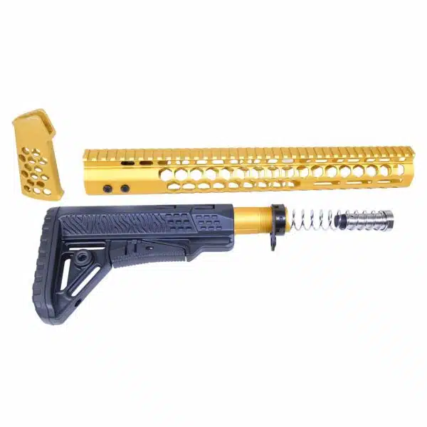 Gold and Black AR .308 Custom Set with Honeycomb Handguard and Adjustable Buttstock.