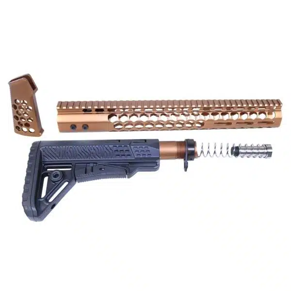 AR-308 furniture kit with bronze handguard, stock, and muzzle brake for customization.