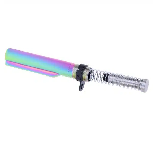 Iridescent curling iron with rainbow hues and silver clamp for stylish, medium-sized curls.
