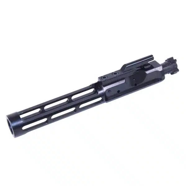 Lightweight black nitride AR-15 bolt carrier group with precision-machined slots for reliable performance.