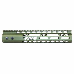 OD Green tactical handguard with M-LOK slots and Picatinny rail for AR-15 customization.