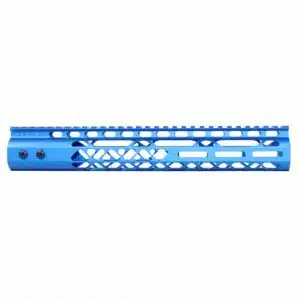Anodized blue 12 inch Air Lite M-LOK free floating handguard with monolithic top rail and diamond cutouts
