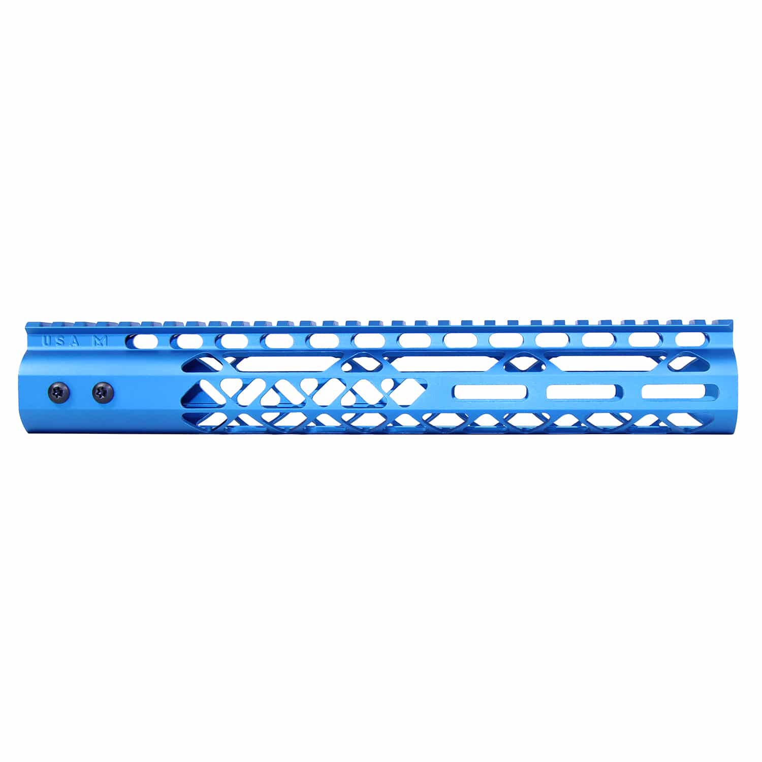 Anodized blue 12 inch Air Lite M-LOK free floating handguard with monolithic top rail and diamond cutouts