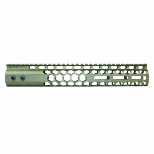 Lightweight green M-LOK AR handguard with hexagonal design for cooling and accessory mounting.