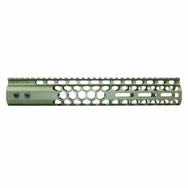 Lightweight green M-LOK AR handguard with hexagonal design for cooling and accessory mounting.