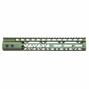 Olive drab M-LOK tactical handguard with Picatinny rail, geometric cutouts, aluminum construction.
