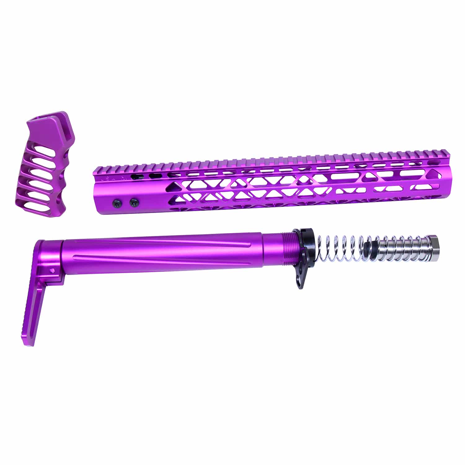 AR .308 AIR Lite Series furniture set in anodized purple finish, including handguard, stock, and pistol grip.