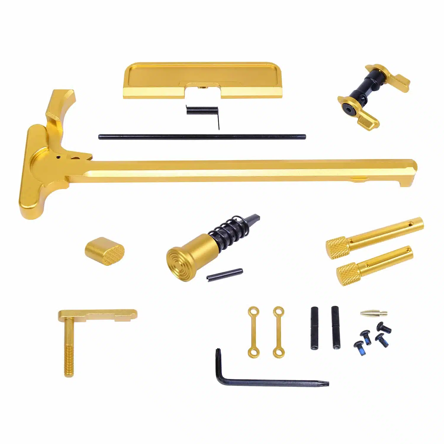 AR .308 Cal Accent Kit in Anodized Gold finish, showing charging handle, safety, mag catch, and pins laid out on white background.