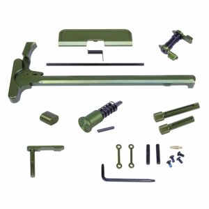 Olive green AR-style rifle parts kit with charging handle, springs, and trigger components.