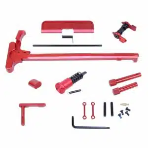 AR .308 Cal Accent Kit in Anodized Red finish with charging handle, pins, and hardware components.