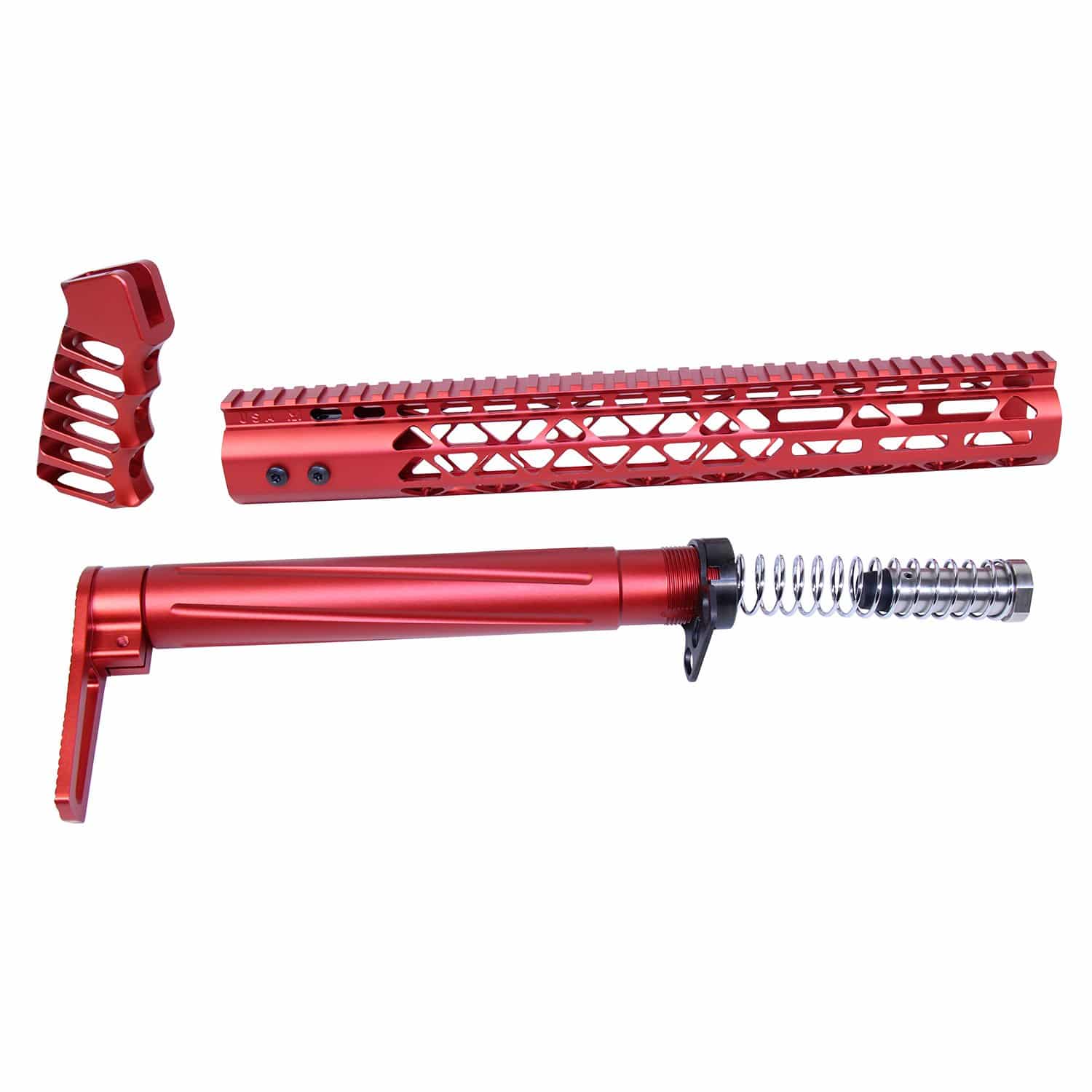 AR .308 AIR Lite Series complete furniture set in anodized red, including handguard, stock, and buffer tube