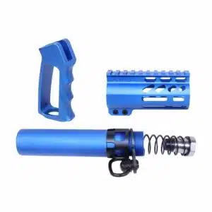 AR-15 Micro Pistol Furniture Set in Anodized Blue finish, showing pistol grip, handguard, and buffer tube assembly.