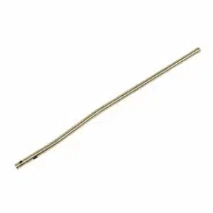 AR-15 pistol length gas tube with gold titanium nitride finish and threaded fitting on white background
