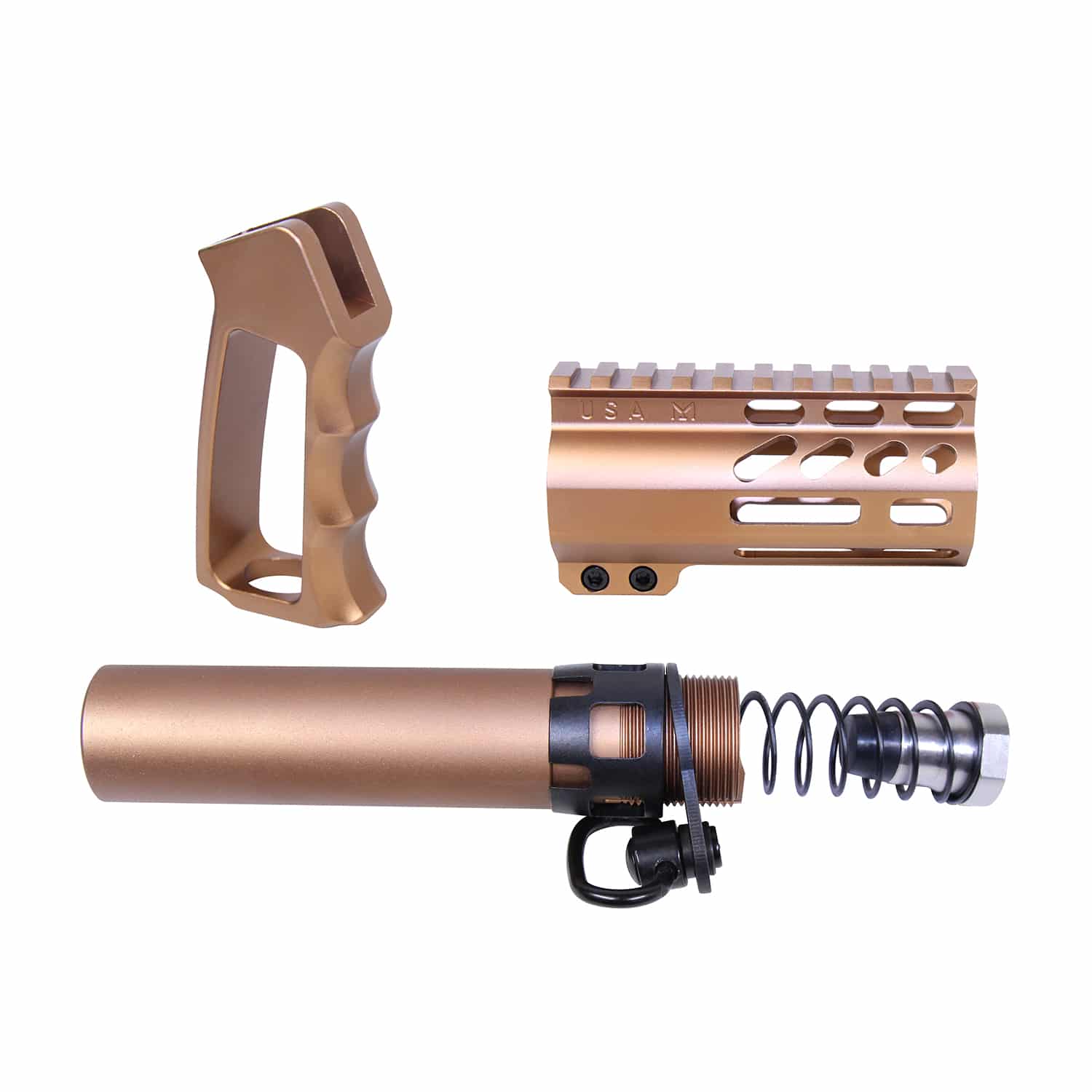 AR-15 Micro Pistol Furniture Set in Anodized Bronze finish, including pistol grip, handguard, and buffer tube assembly.