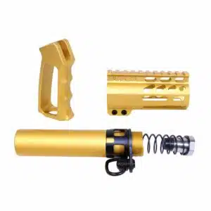 Anodized gold AR-15 Micro Pistol Furniture Set including pistol grip, 4-inch handguard, and buffer tube assembly.
