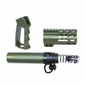 Olive green AR-15 accessories set with pistol grip, handguard, and buffer tube.