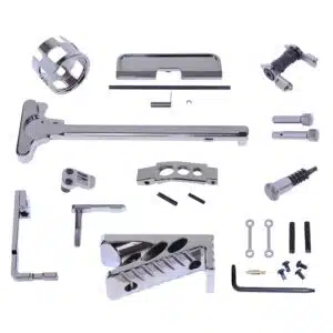 AR-15 Finishing Kit in Black Chrome finish with multiple machined components arranged on a white background