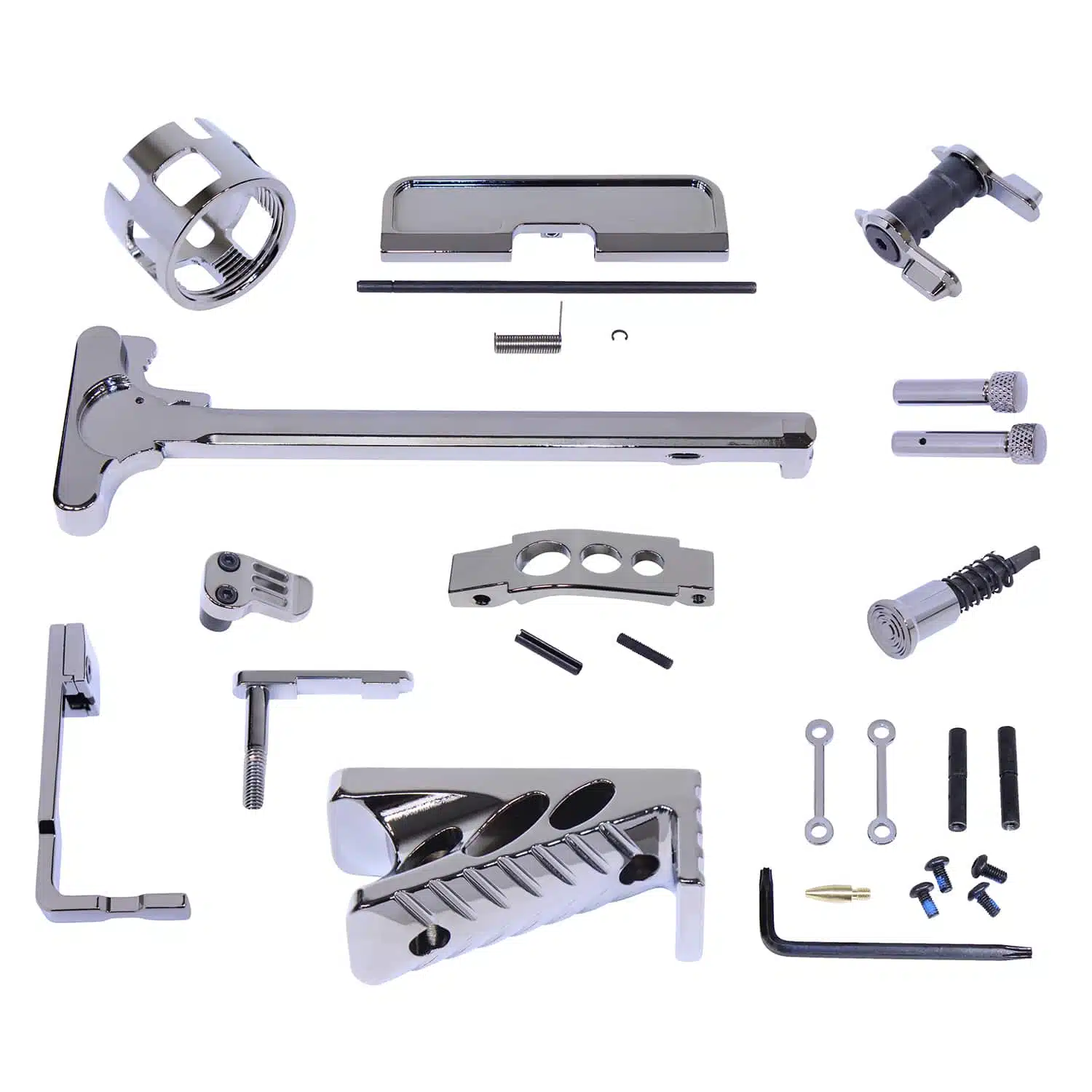 AR-15 Finishing Kit in Black Chrome finish with multiple machined components arranged on a white background