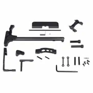 AR-15 Accent Kit in Anodized Black finish, displaying multiple machined components and hardware laid out on a white background.