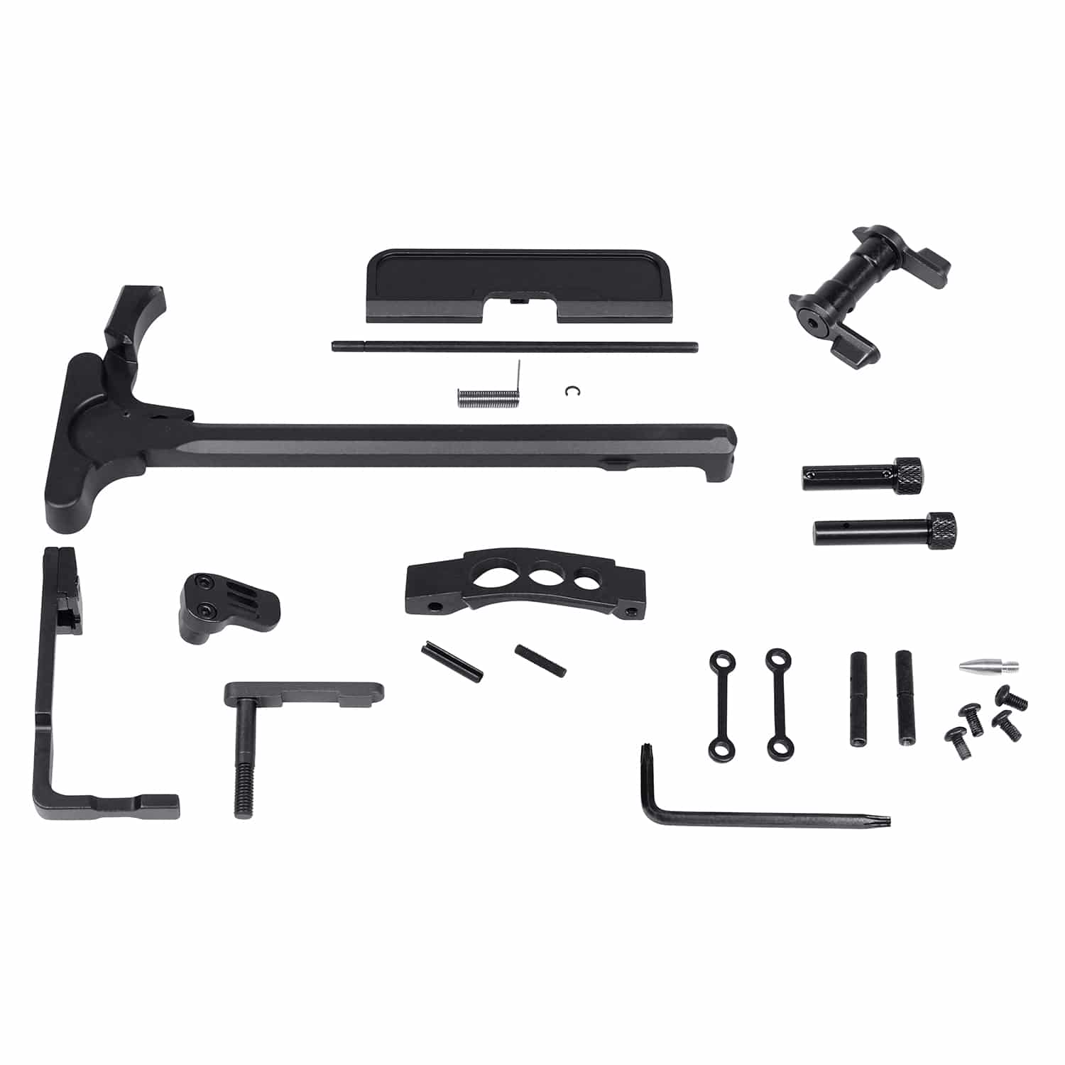 AR-15 Accent Kit in Anodized Black finish, displaying multiple machined components and hardware laid out on a white background.