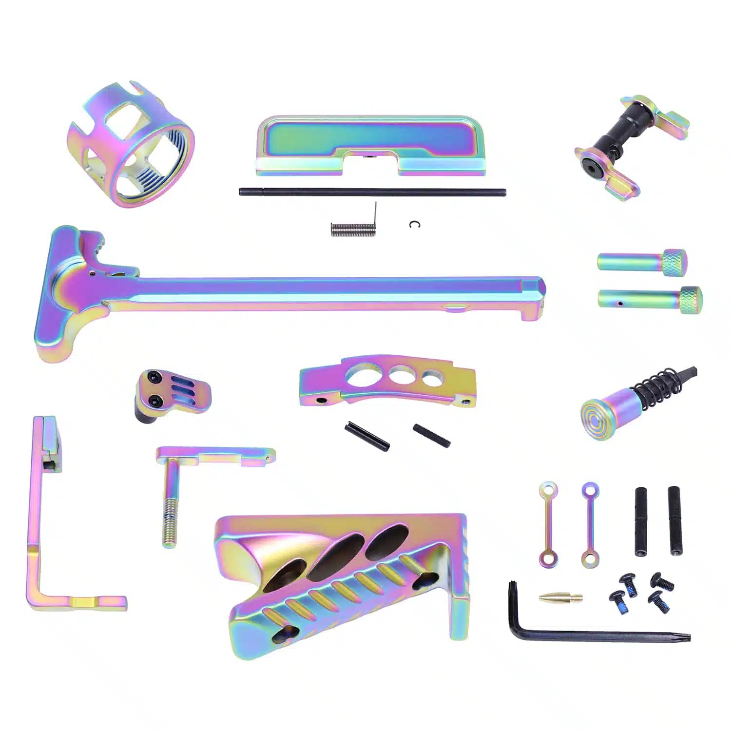 AR-15 finishing kit with matte rainbow PVD coated parts, including charging handle, trigger guard, and castle nut.