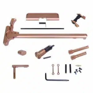 AR .308 Cal Accent Kit in Anodized Bronze finish, showing charging handle, mag catch, and hardware components on white background