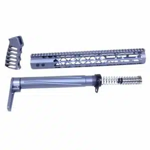 AR .308 AIR Lite Series furniture set in anodized grey finish, including handguard, stock, and buffer tube.