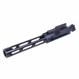 Black nitride AR-15 bolt carrier group with cooling slots and precision-machined bolt mechanism.