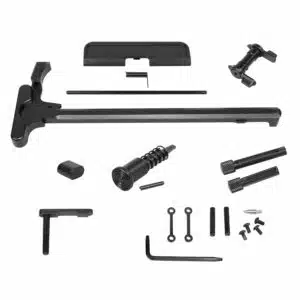 AR .308 Cal Accent Kit in anodized black finish containing charging handle, mag catch lever, safety, pins, and screws.