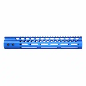 Anodized blue 12-inch M-LOK handguard with monolithic top rail and ventilation cutouts