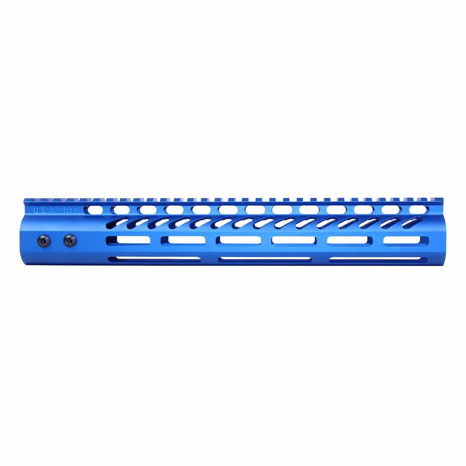 Anodized blue 12-inch M-LOK handguard with monolithic top rail and ventilation cutouts