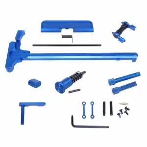 AR .308 Cal Accent Kit in Anodized Blue finish, showing charging handle, pins, and hardware components.