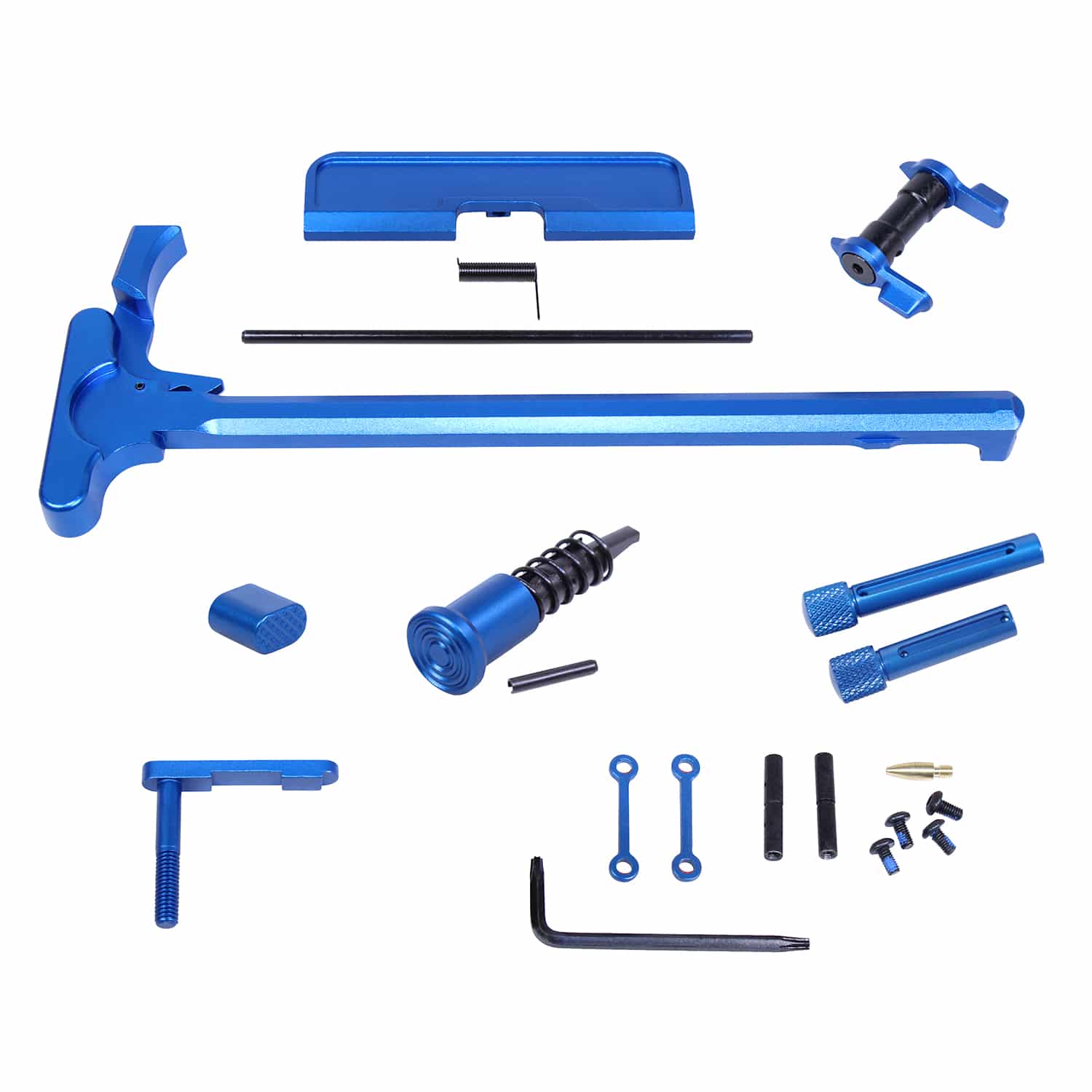 AR .308 Cal Accent Kit in Anodized Blue finish, showing charging handle, pins, and hardware components.