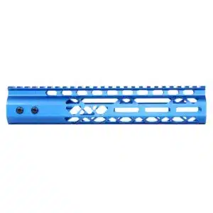 Anodized blue 10 inch Air Lite M-LOK free floating handguard with monolithic top rail and triangle diamond cuts