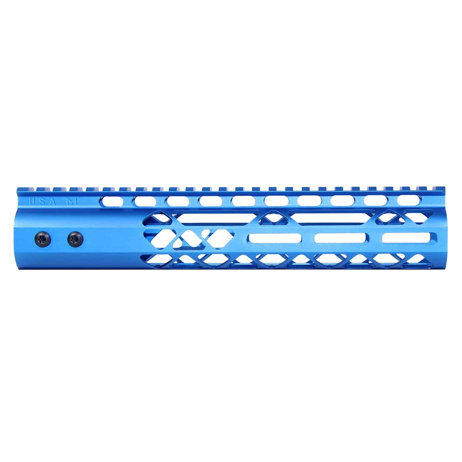 Anodized blue 10 inch Air Lite M-LOK free floating handguard with monolithic top rail and triangle diamond cuts