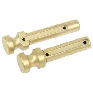 AR 5.56 Cal Extended Takedown Pin Set with Tin Coated finish, showing two gold-colored pins with extended knobs and detent holes.