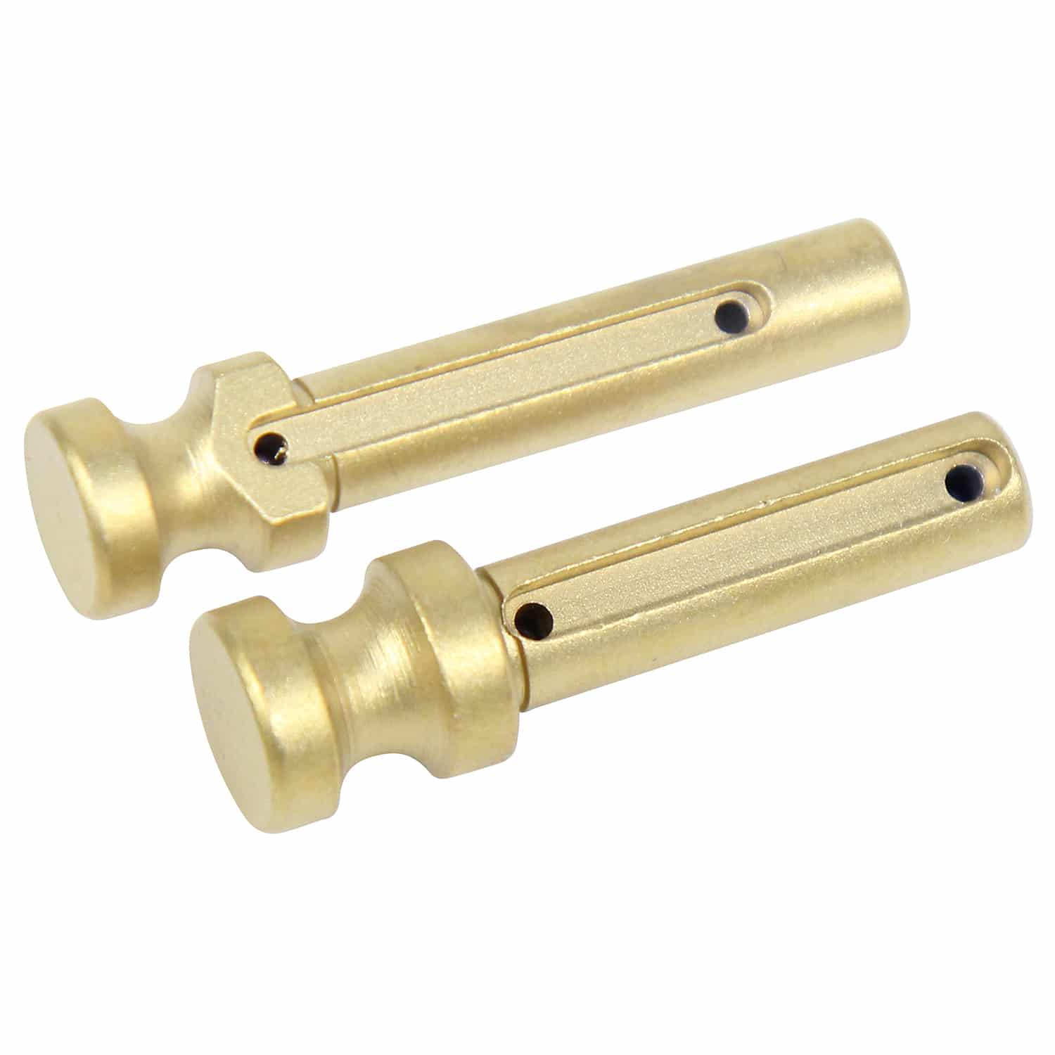 AR 5.56 Cal Extended Takedown Pin Set with Tin Coated finish, showing two gold-colored pins with extended knobs and detent holes.