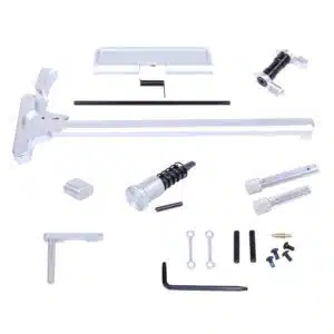 AR .308 Cal Accent Kit with anodized clear finish, including charging handle, mag catch, and hardware on white background