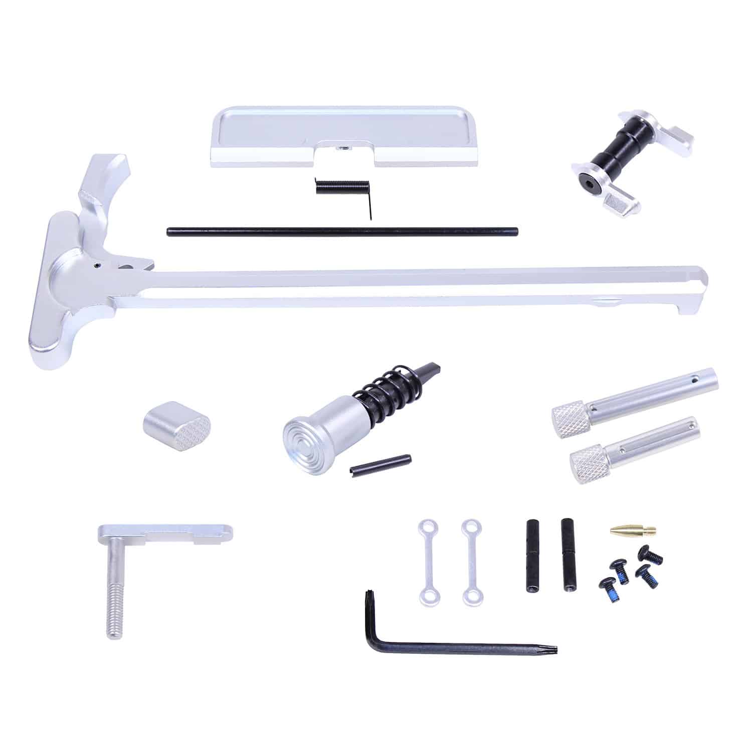 AR .308 Cal Accent Kit with anodized clear finish, including charging handle, mag catch, and hardware on white background