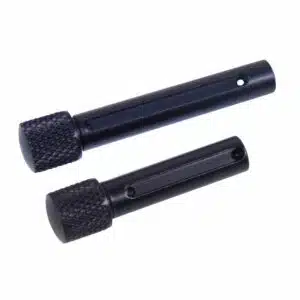 AR .308 Cal extended takedown pin set in anodized black finish, showing front and rear pins with knurled knobs.