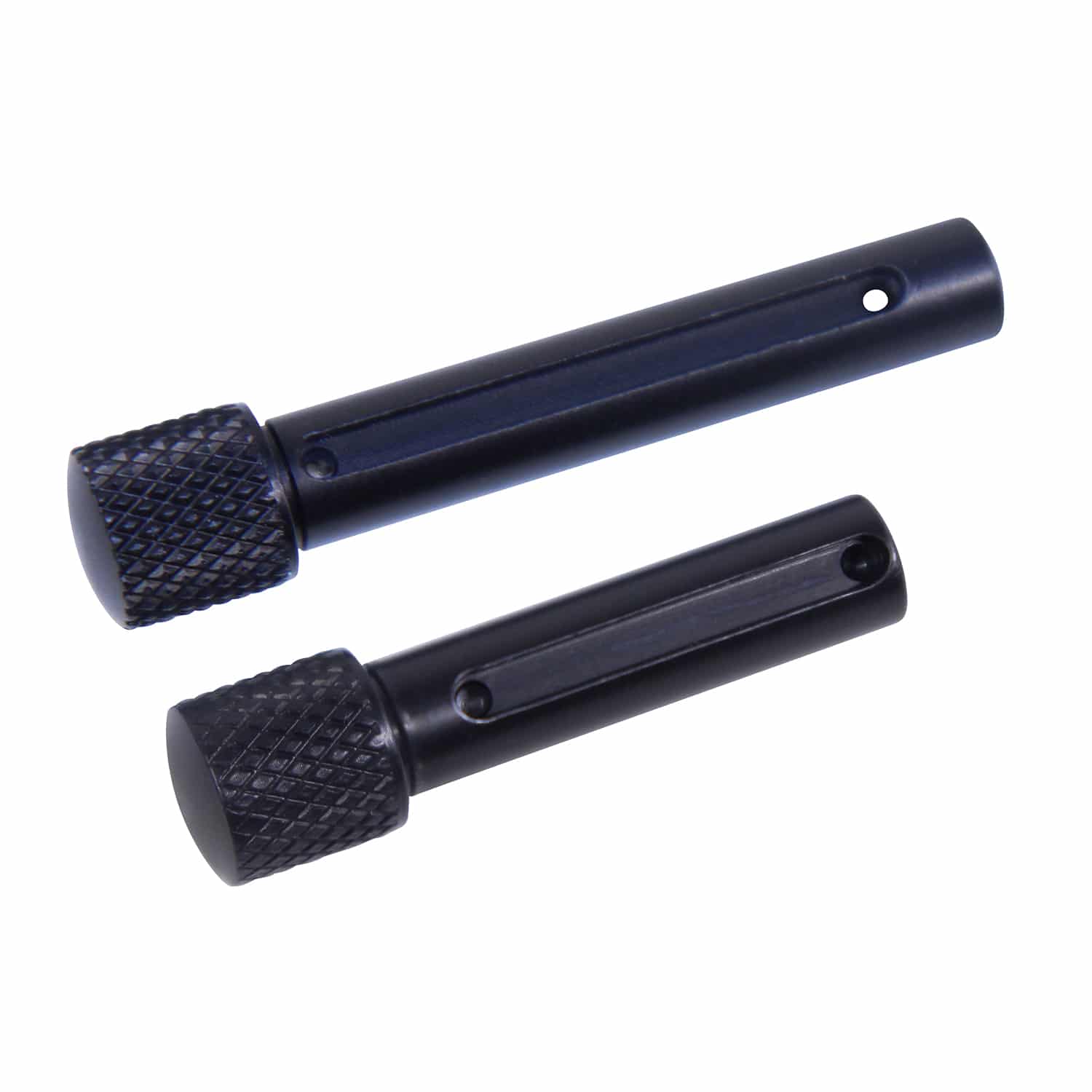 AR .308 Cal extended takedown pin set in anodized black finish, showing front and rear pins with knurled knobs.