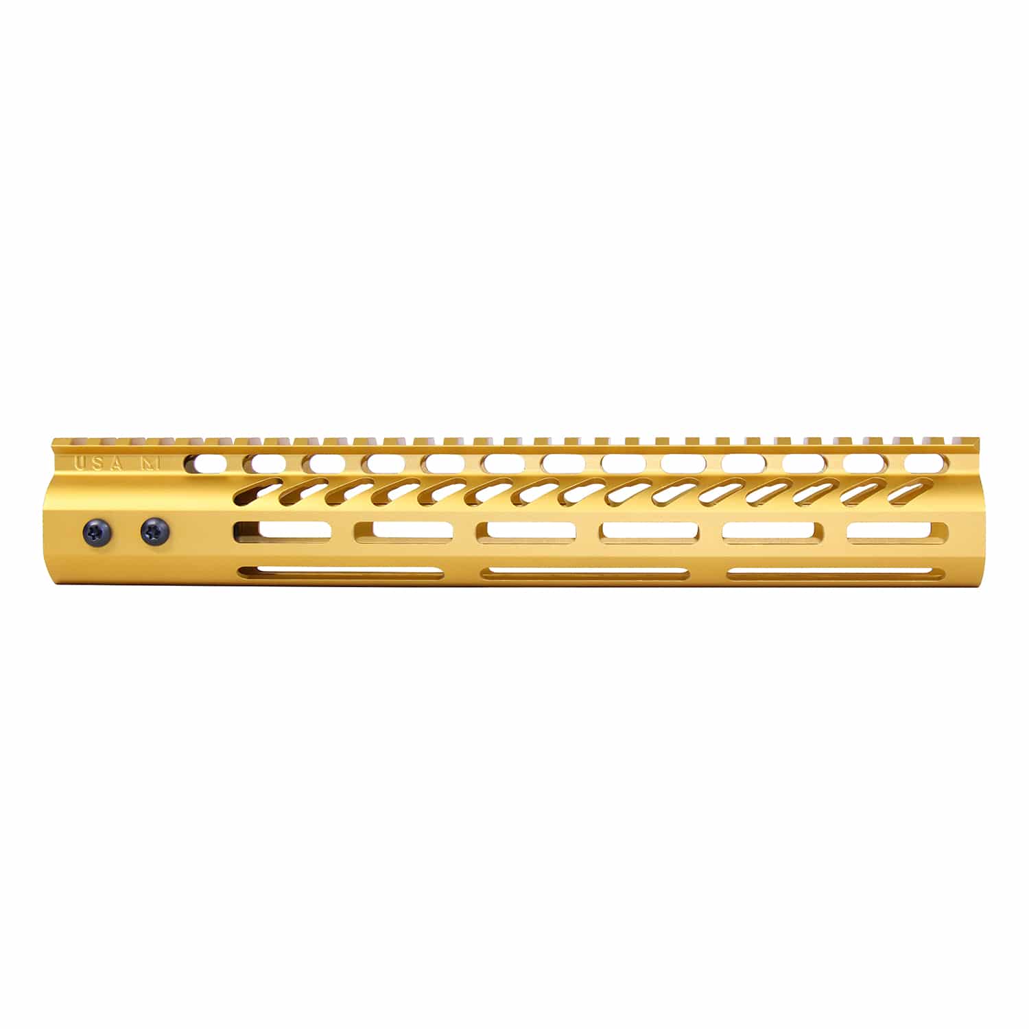 Anodized gold 12-inch M-LOK free floating handguard with monolithic top rail
