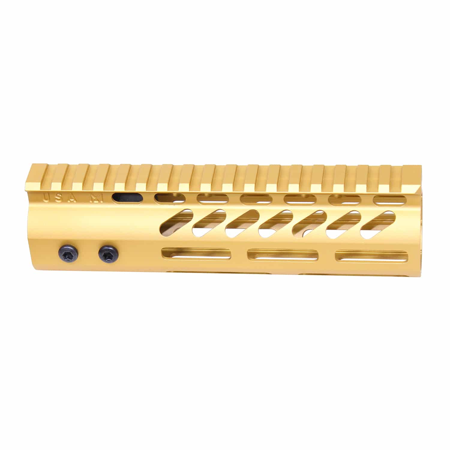 7 inch gold anodized M-LOK handguard with monolithic top rail and diagonal cutouts