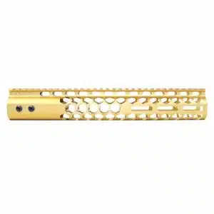 Gold anodized 12-inch Air Lite handguard with honeycomb cutouts and M-LOK slots.
