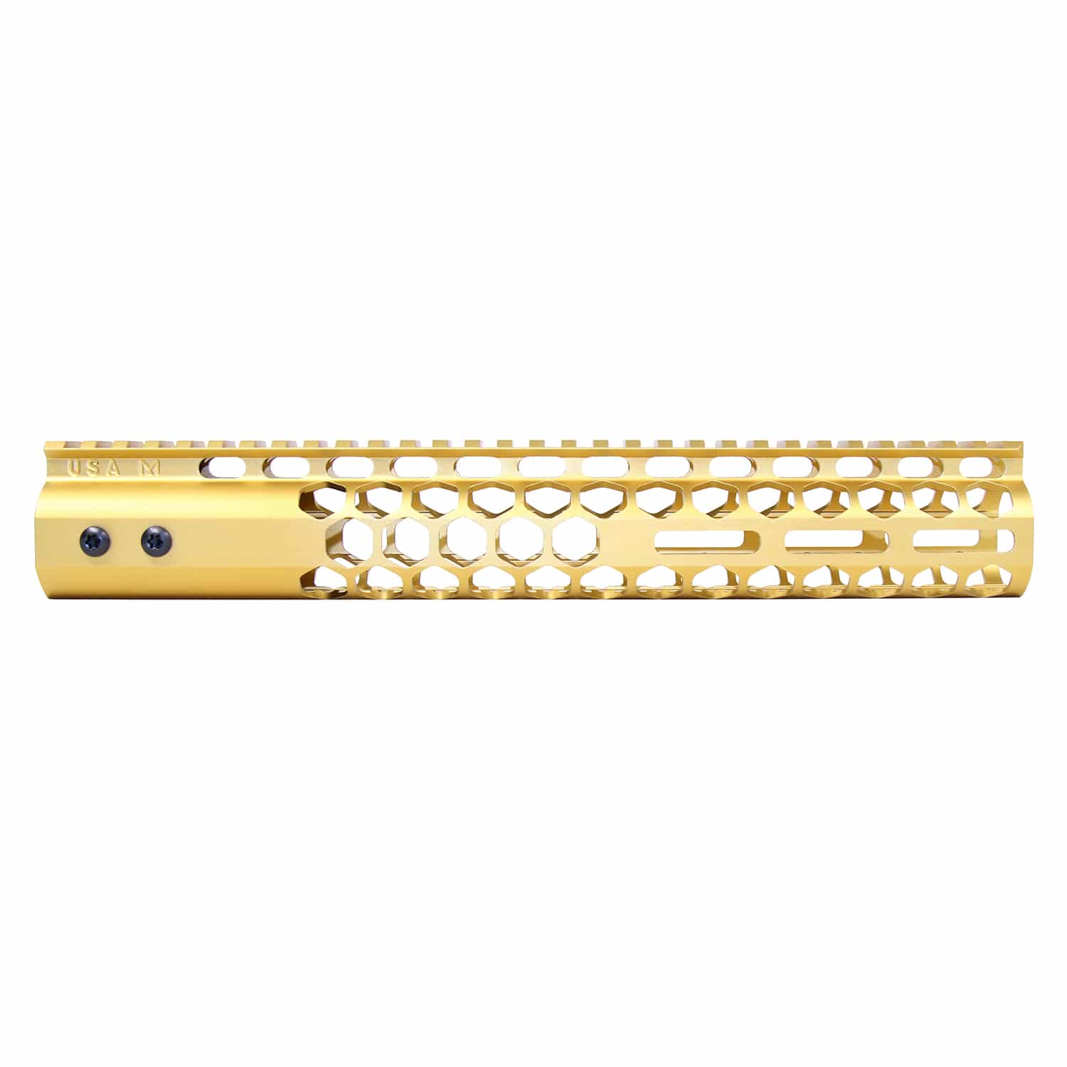 Gold anodized 12-inch Air Lite handguard with honeycomb cutouts and M-LOK slots.