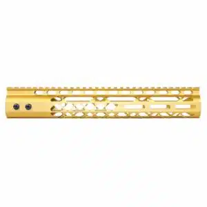 Anodized gold 12 inch Air Lite M-LOK free floating handguard with monolithic top rail and cutouts