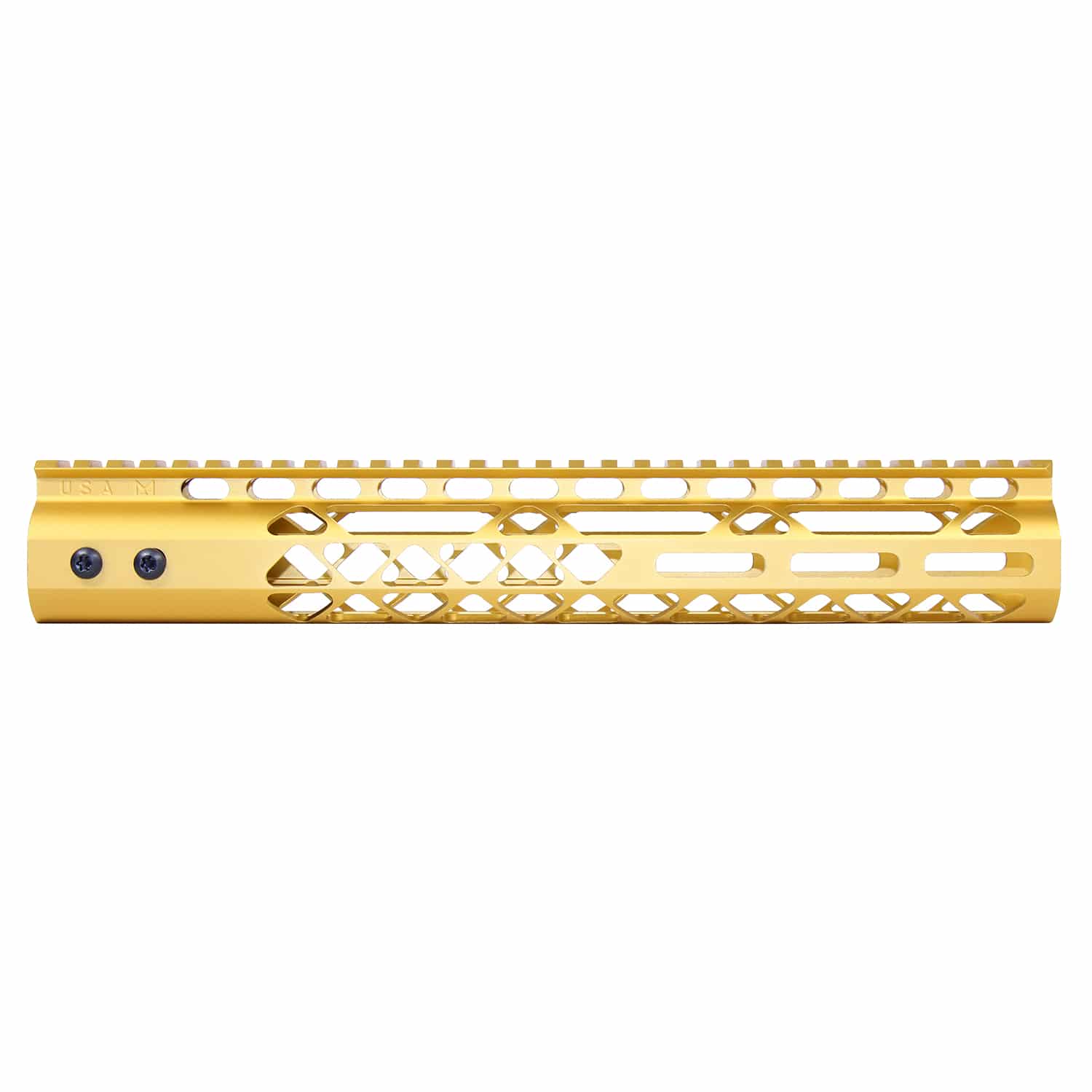 Anodized gold 12 inch Air Lite M-LOK free floating handguard with monolithic top rail and cutouts