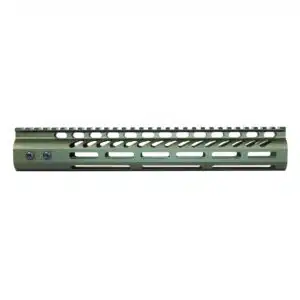 Olive green M-LOK AR-15 handguard with Picatinny rail for accessory customization.