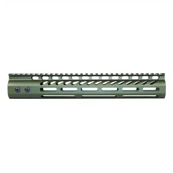 Olive green M-LOK AR-15 handguard with Picatinny rail for accessory customization.
