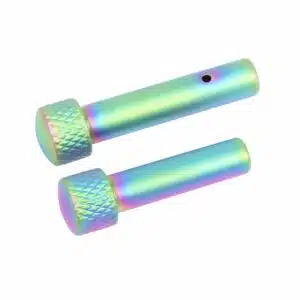 AR 5.56 Cal Extended Takedown Pin Set (Gen 2) with Matte Rainbow PVD Coated finish, showing knurled knobs and cylindrical shafts.